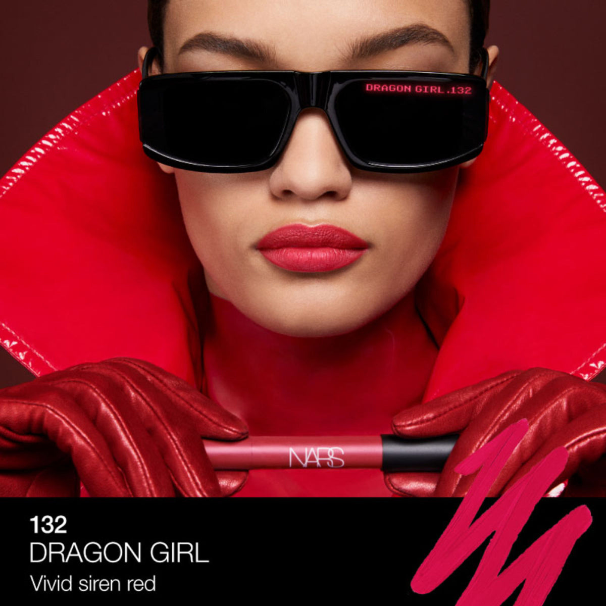 NARS Powermatte High Intensity Lip Pencil in Dragon Girl, vibrant red lipstick in a sleek pencil form displayed on a white background.