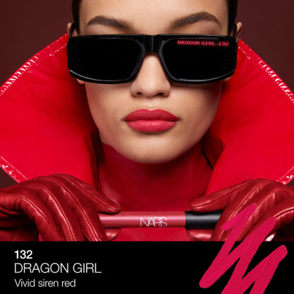 NARS Powermatte High Intensity Lip Pencil in Dragon Girl, vibrant red lipstick in a sleek pencil form displayed on a white background.