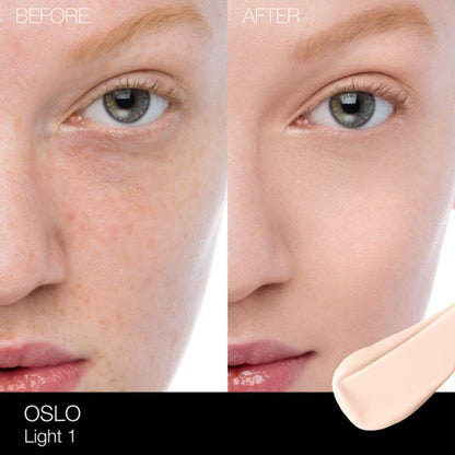 NARS Natural Radiant Longwear Foundation in Siberia shade, showcasing a smooth, blended application on skin.