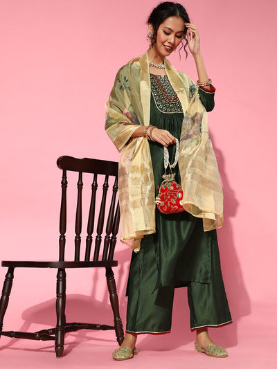 Dhiyona IE Green Silk Blend Calf Length Kurta Set