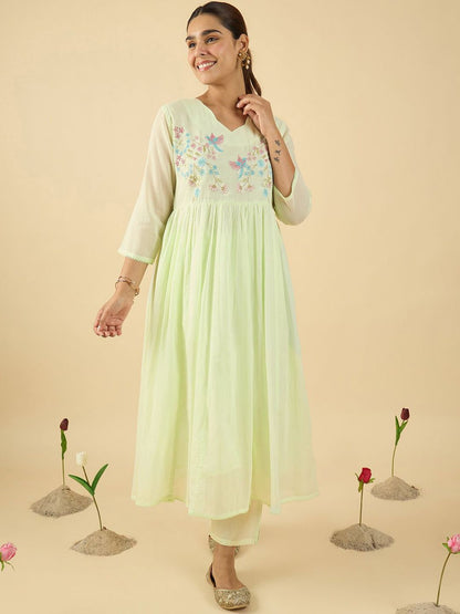 Indyancart IE Floral Embroidered V Neck A Line Pure Cotton Kurta With Trousers & Dupatta