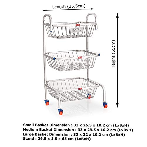 HAZEL Stainless Steel Fruit Vegetable Basket Kitchen Storage Trolley Rack Multi Shelves Stand with Wheel, 3 Layer, 26 Inches Height