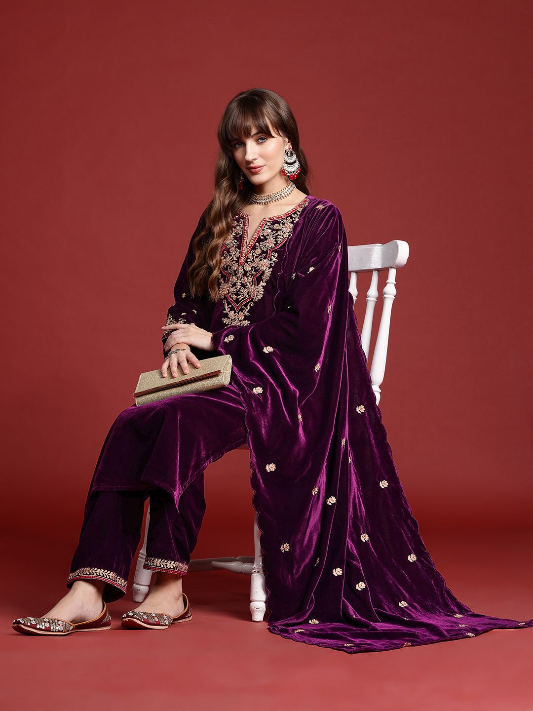 Indyancart IE Ethnic Motifs Embroidered Zari Velvet Kurta With Trousers & Dupatta