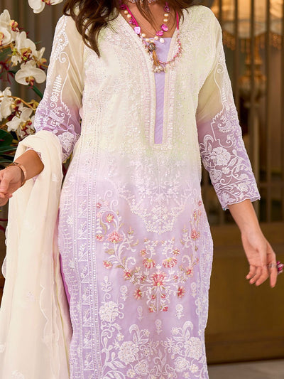 Indyancart IE Floral Embroidered Sequinned Straight Organza Kurta With Trousers And Dupatta