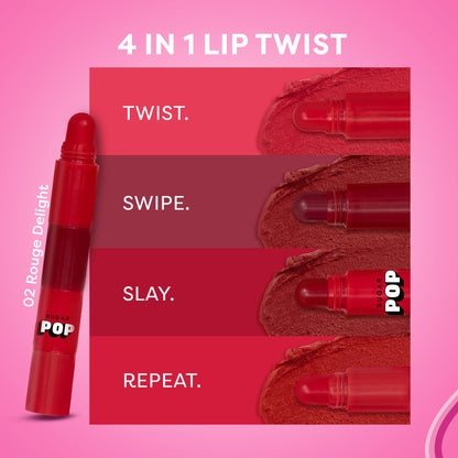 SUGAR POP SUGAR POP 4-in-1 Lip Twist in shade 02 Rouge Delight, showing the twist-up lipstick with vibrant red color and sleek packaging.
