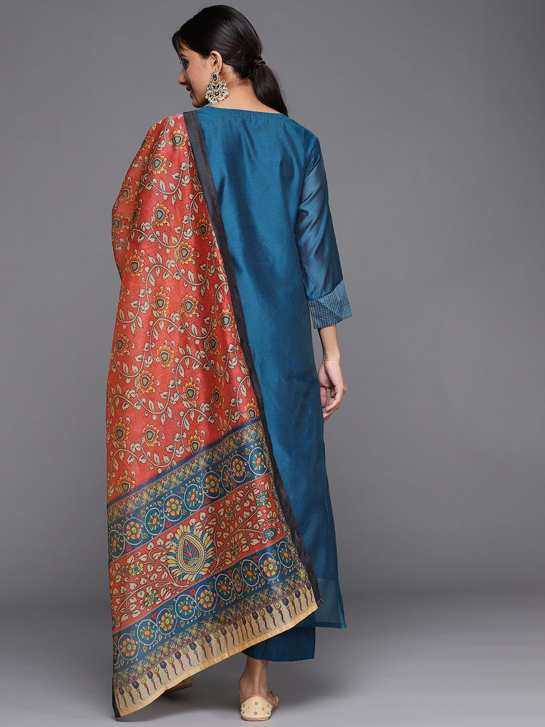 Indyancart VA Women'sYoke Design Zari Work Chanderi Silk Straight Kurta with Trouser & Dupatta