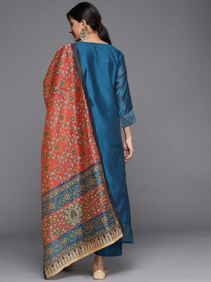 Indyancart VA Women'sYoke Design Zari Work Chanderi Silk Straight Kurta with Trouser & Dupatta