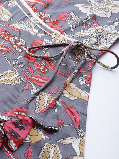 Indyancart VA Women's Grey & Pink Floral Print Angrakha Gotta Patti Pure Cotton Kurta with Sharara