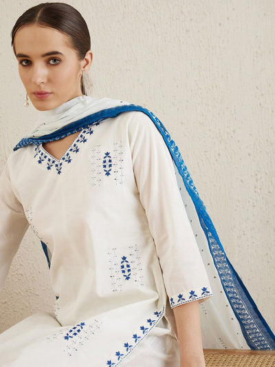 Indyancart IE Ethnic Motifs Embroidered Thread Work Pure Cotton Kurta with Trousers & Dupatta