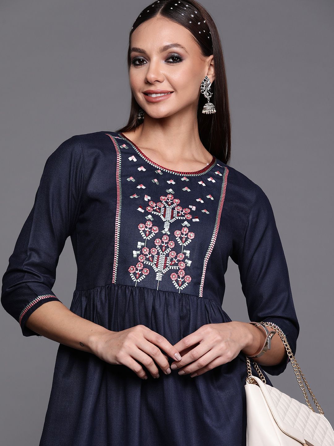 Dhiyona IE Women Navy Blue Floral Yoke Design Floral Kurta