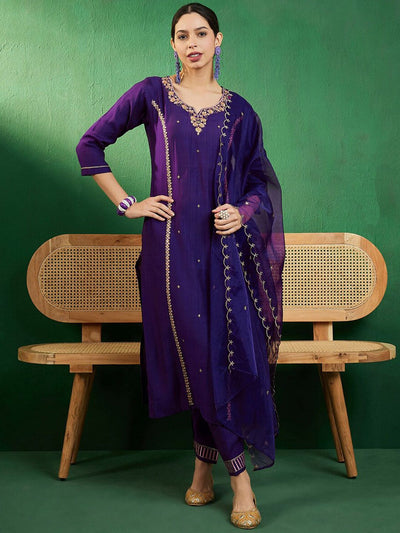 Indyancart SN Women's Purple & Gold Toned Zari Embroidered Straight Kurta With Trouser & Dupatta