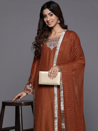 Indyancart VA Women'sEthnic Motifs Zari Embroidered Kurta with Trousers & Dupatta