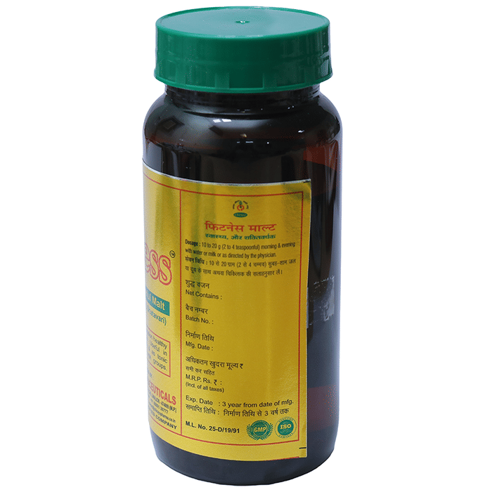 Chirayu Fitness Malt, an Ayurvedic supplement with natural ingredients, in a clear container showing the product label and contents.