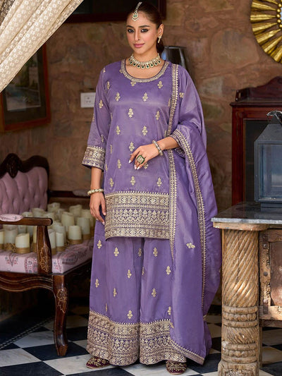 Indyancart IE Ethnic Motifs Embroidered Round Neck Zari Straight Kurta & Palazzos With Dupatta