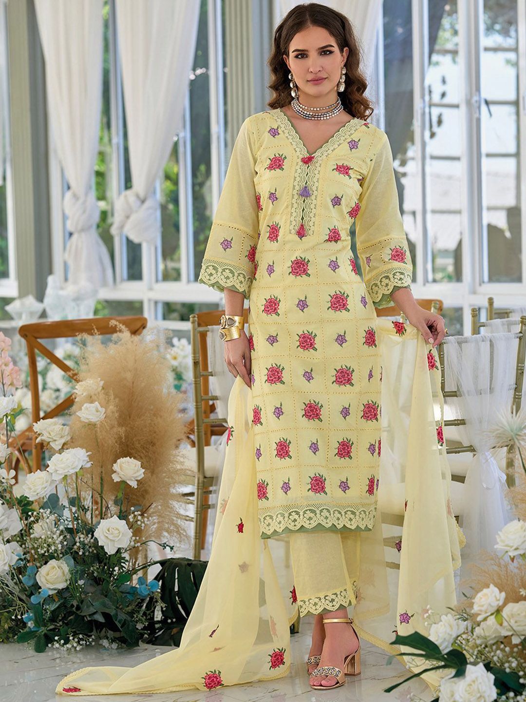 Floral Embroidered V-Neck Pure Cotton Straight Kurta With Trousers & Dupatta