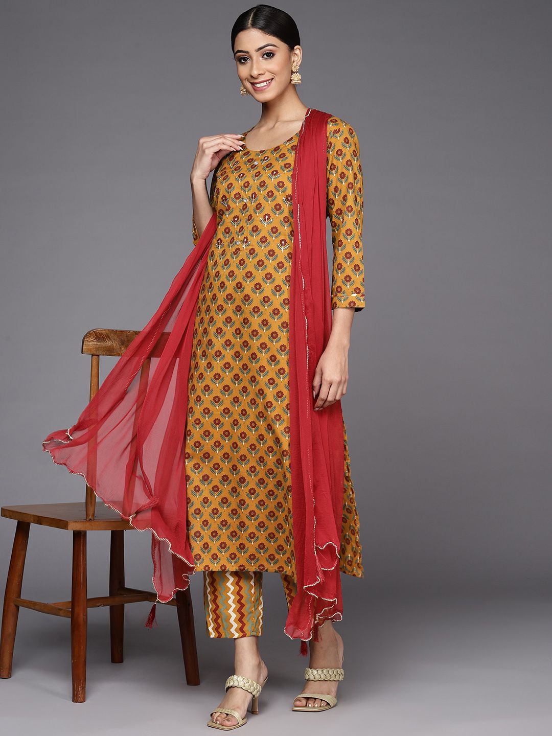 Indyancart VA Women's Mustard Yellow Ethnic Motifs Printed Pure Cotton Kurta with Trousers & With Dupatta