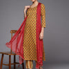 Indyancart VA Women's Mustard Yellow Ethnic Motifs Printed Pure Cotton Kurta with Trousers & With Dupatta
