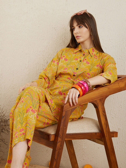Indyancart IE Floral Printed Shirt Collar Tunic With Trousers