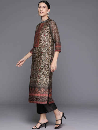 Indyancart VA Women's Paisley Printed Regular Chanderi Silk Kurta with Trousers & Dupatta