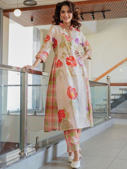Dhiyona IE Printed Pure Cotton A-Line Tunic & Trousers Co-Ord Set