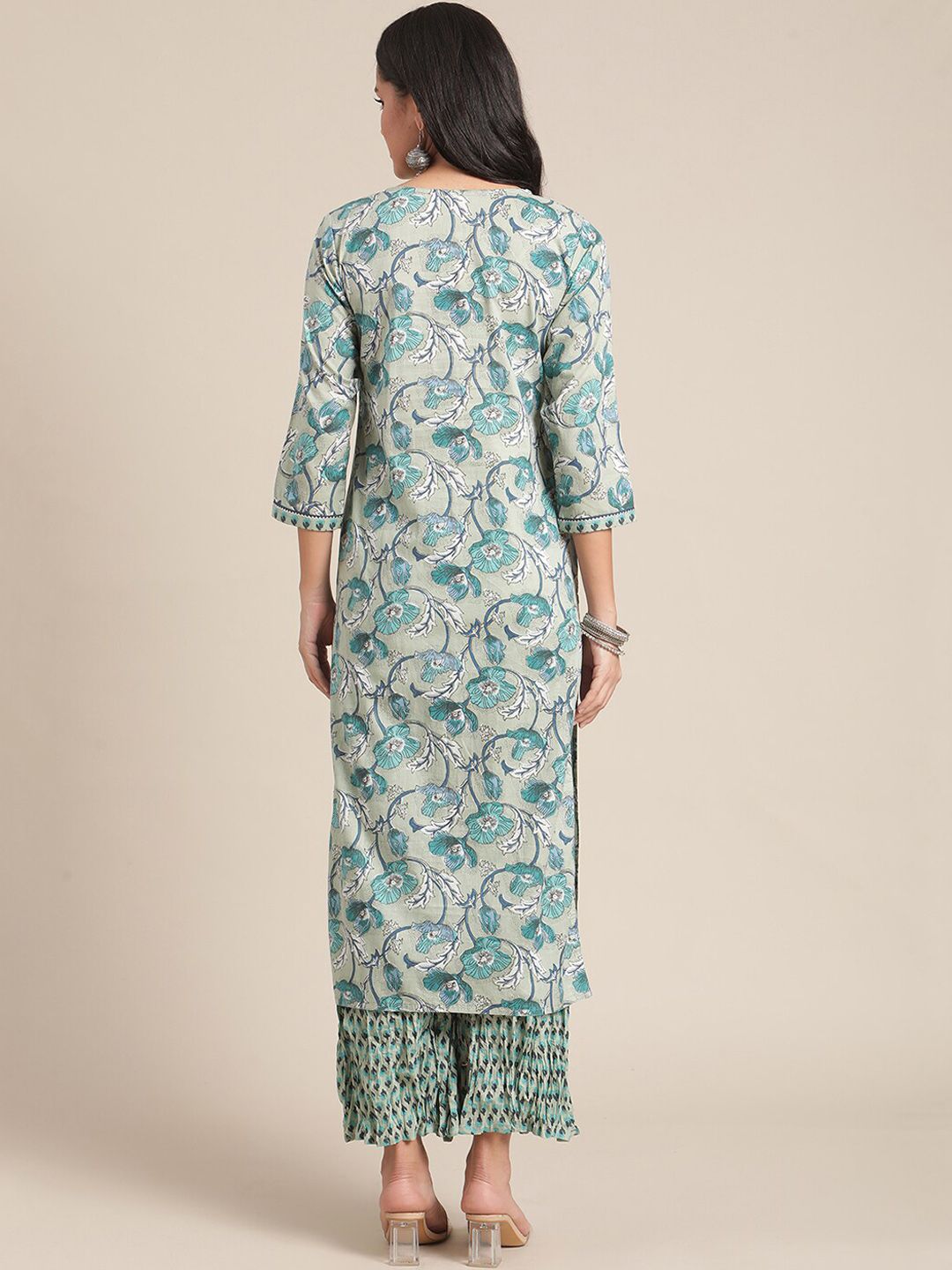 Indyancart VA Women's Turquoise Blue Floral Printed Regular Pure Cotton Kurta with Palazzos