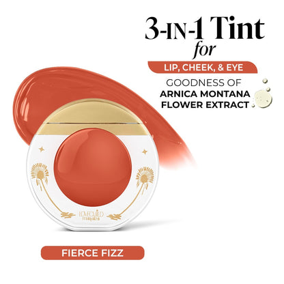 LoveChild Masaba I'M Thirsty! Fierce Fizz 3-in-1 lip, cheek, and eye tint with vibrant, fizz-inspired color on a makeup palette