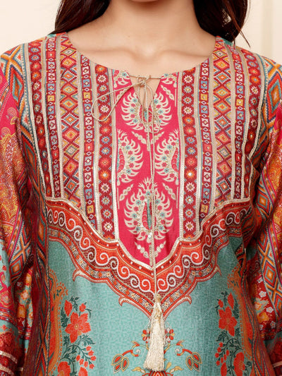 Indyancart VA Women'sEthnic Motifs Printed Chanderi Silk Kurta With Trousers And Dupatta