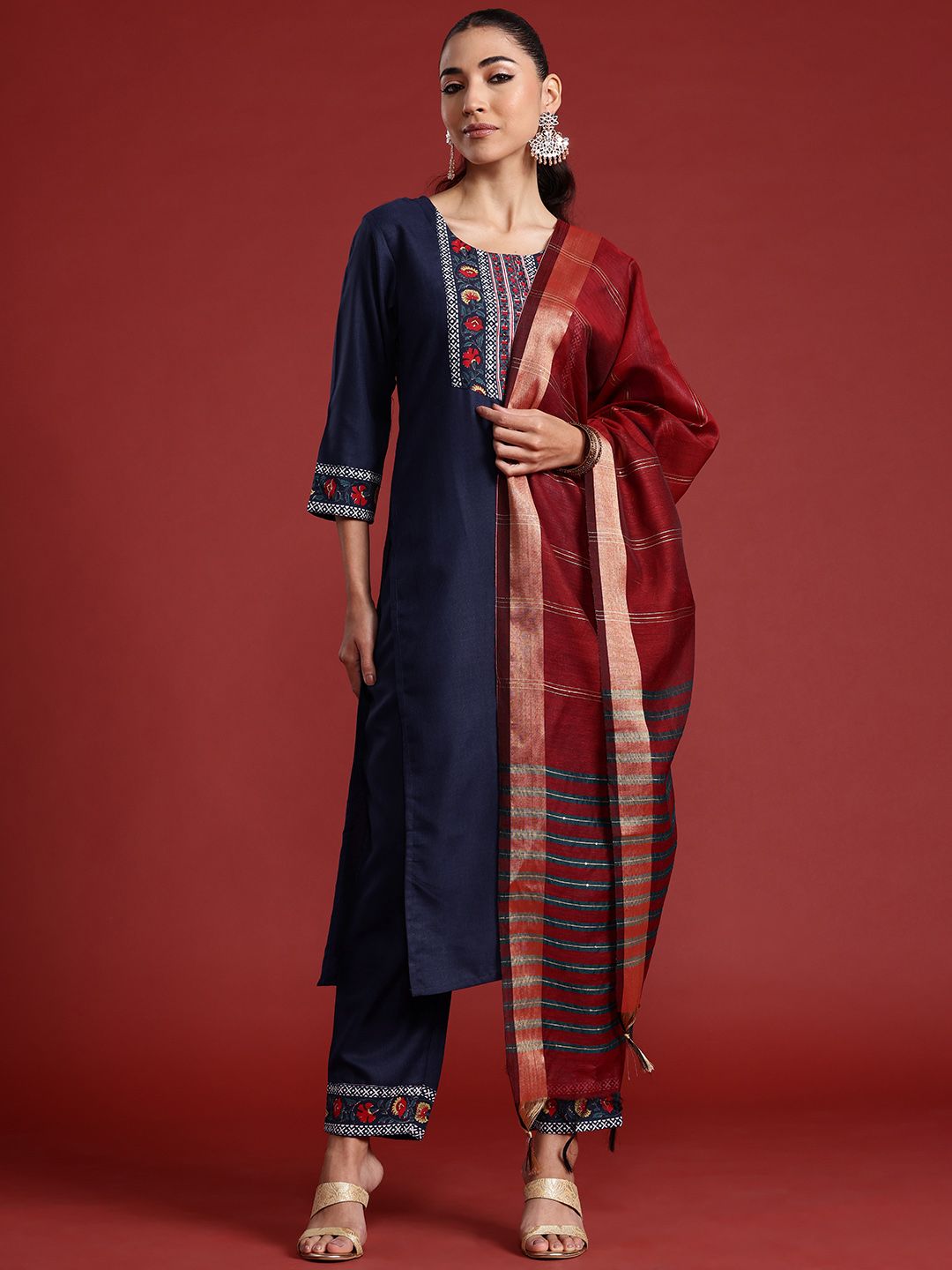 Dhiyona IE Floral Yoke Design Pure Cotton Kurta With Trousers & Dupatta