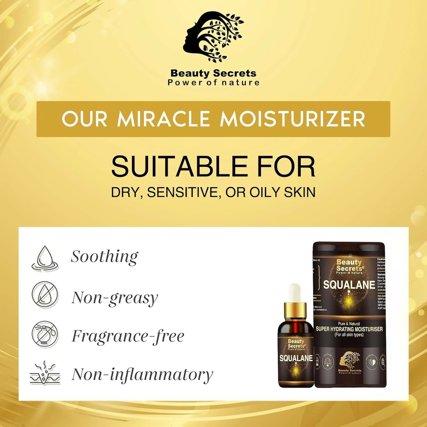 Beauty Secrets organic squalane oil for face, clear glass bottle with dropper, natural skincare product for face hydration.