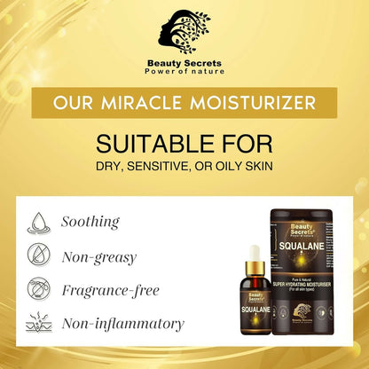 Beauty Secrets organic squalane oil for face, clear glass bottle with dropper, natural skincare product for face hydration.