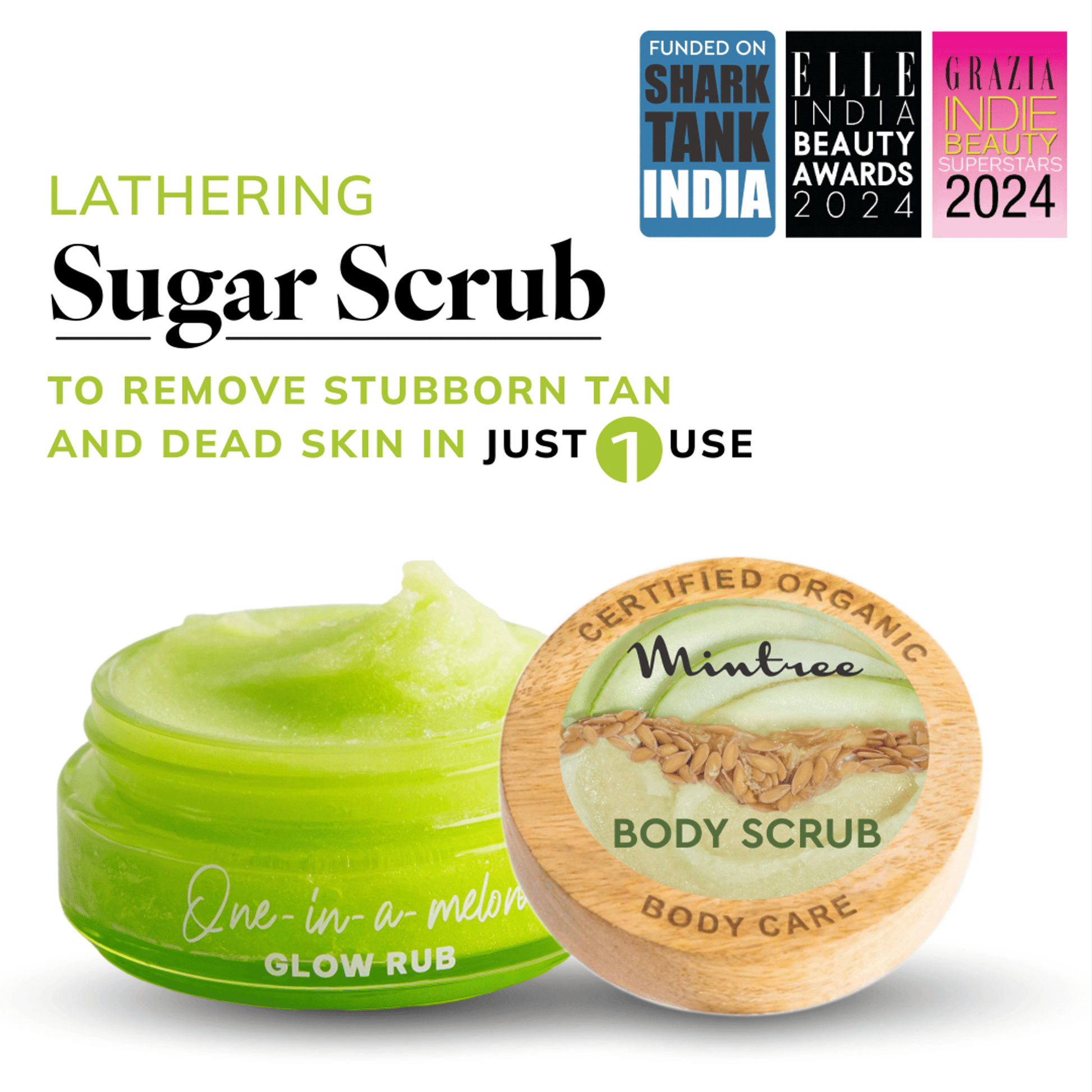 Mintree Certified Organic & Vegan, Unisex Melon Exfoliating Sugar Scrub for Tan Removal & Soft-Smooth-Glowing Skin, Brightens Skin & Reduces Ingrown Hair