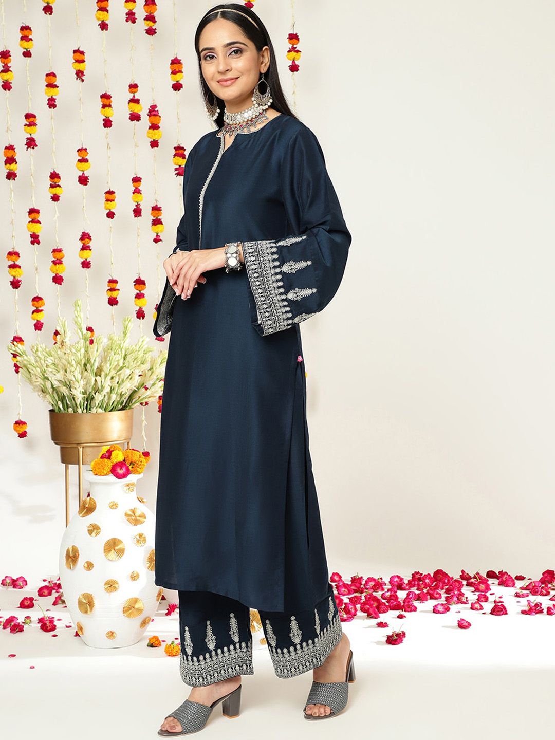 Indyancart VA Women'sEthnic Motifs Zari Embroidered Regular Kurta With Trousers & With Dupatta