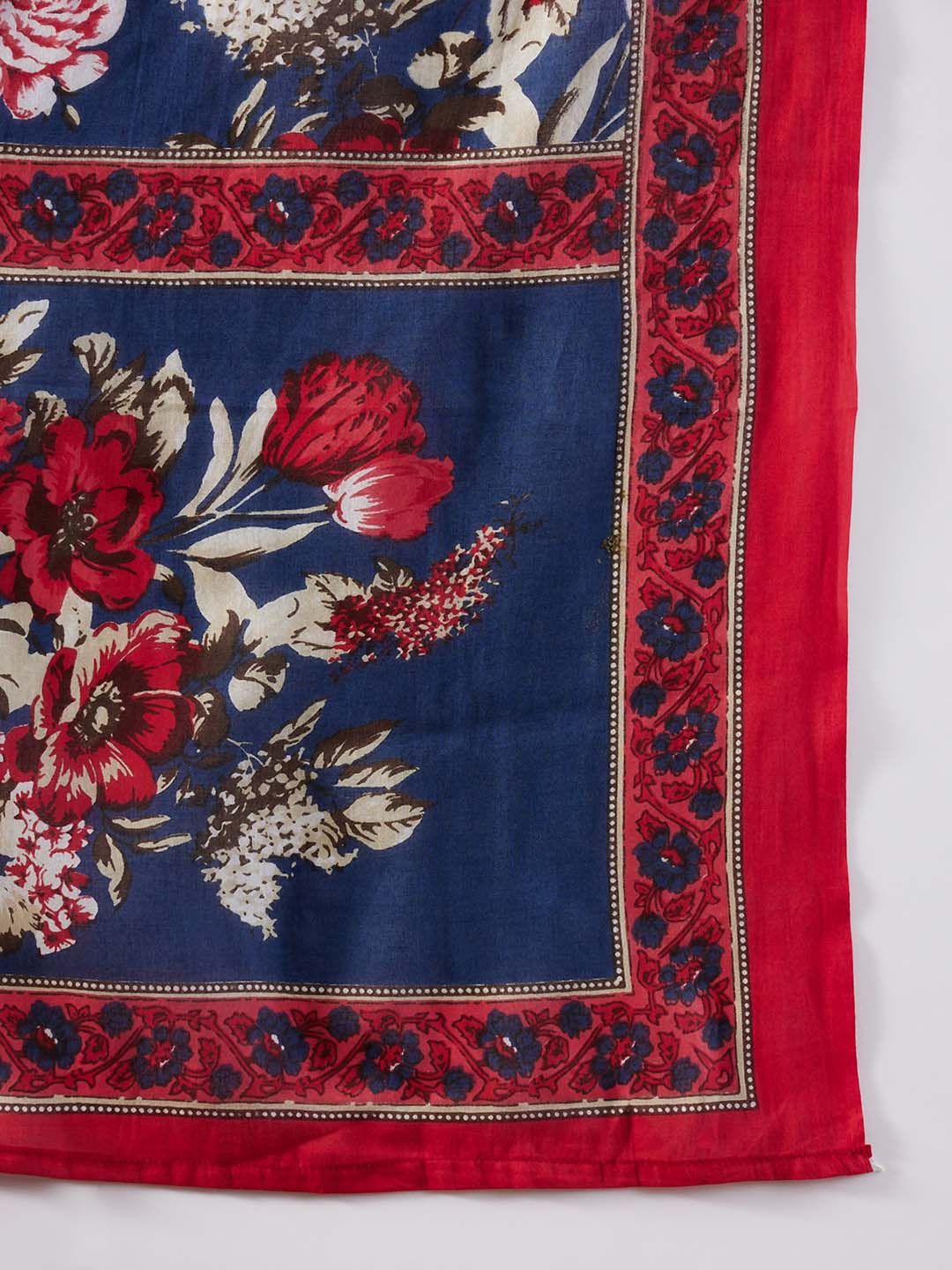 Indyancart IE Floral Printed Angrakha Mirror Work Cotton Straight Kurta & Trousers & Dupatta