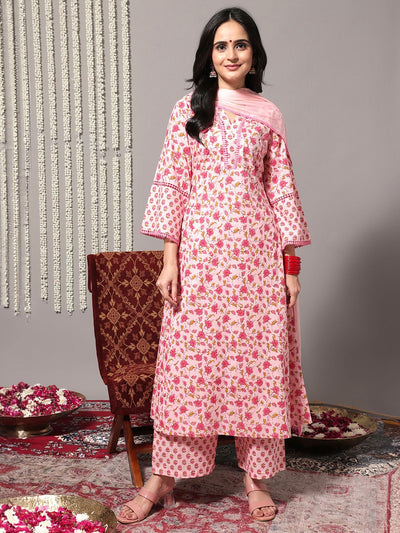 Indyancart VA Women'sFloral Printed Pure Cotton A-Line Kurta With Trousers & Dupatta