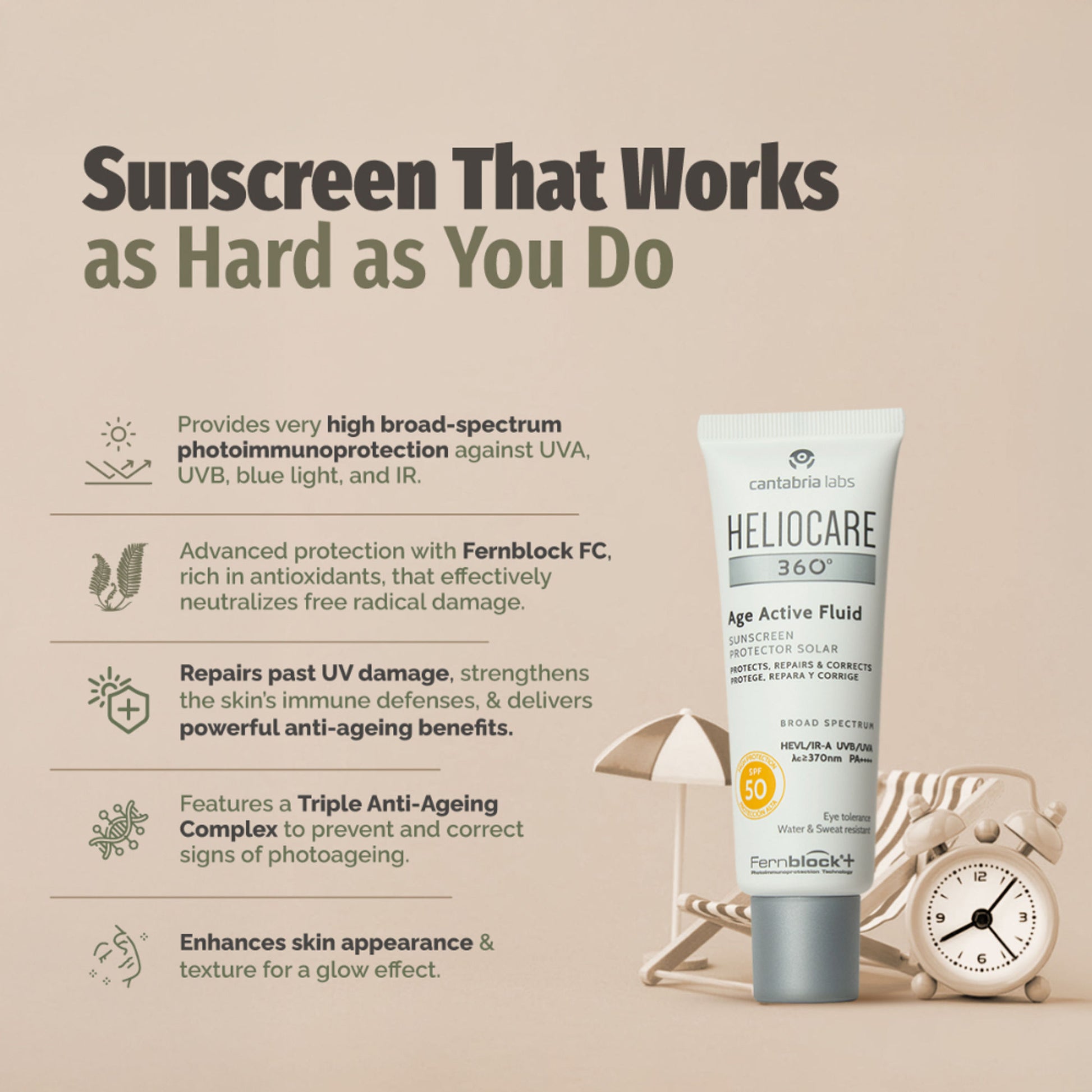 Heliocare 360 Age Active Fluid Sunscreen SPF 50 Pa++++ With Hyaluronic Acid For Youthful & Firm Skin