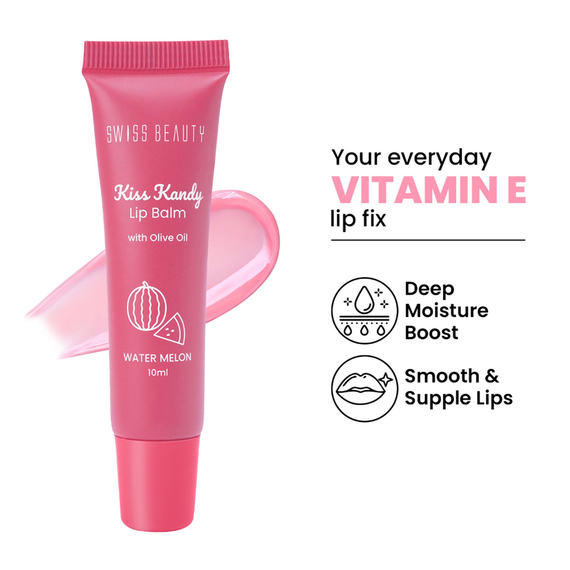 Swiss Beauty Kiss Kandy Tinted Lip Balm, Non-Sticky with Olive Oil & Vitamin E - 02 Water Melon