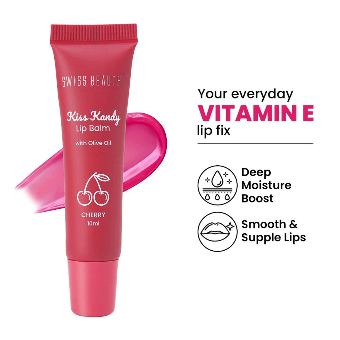 Swiss Beauty Kiss Kandy Tinted Lip Balm, Non-Sticky with Olive Oil & Vitamin E - 03 Cherry