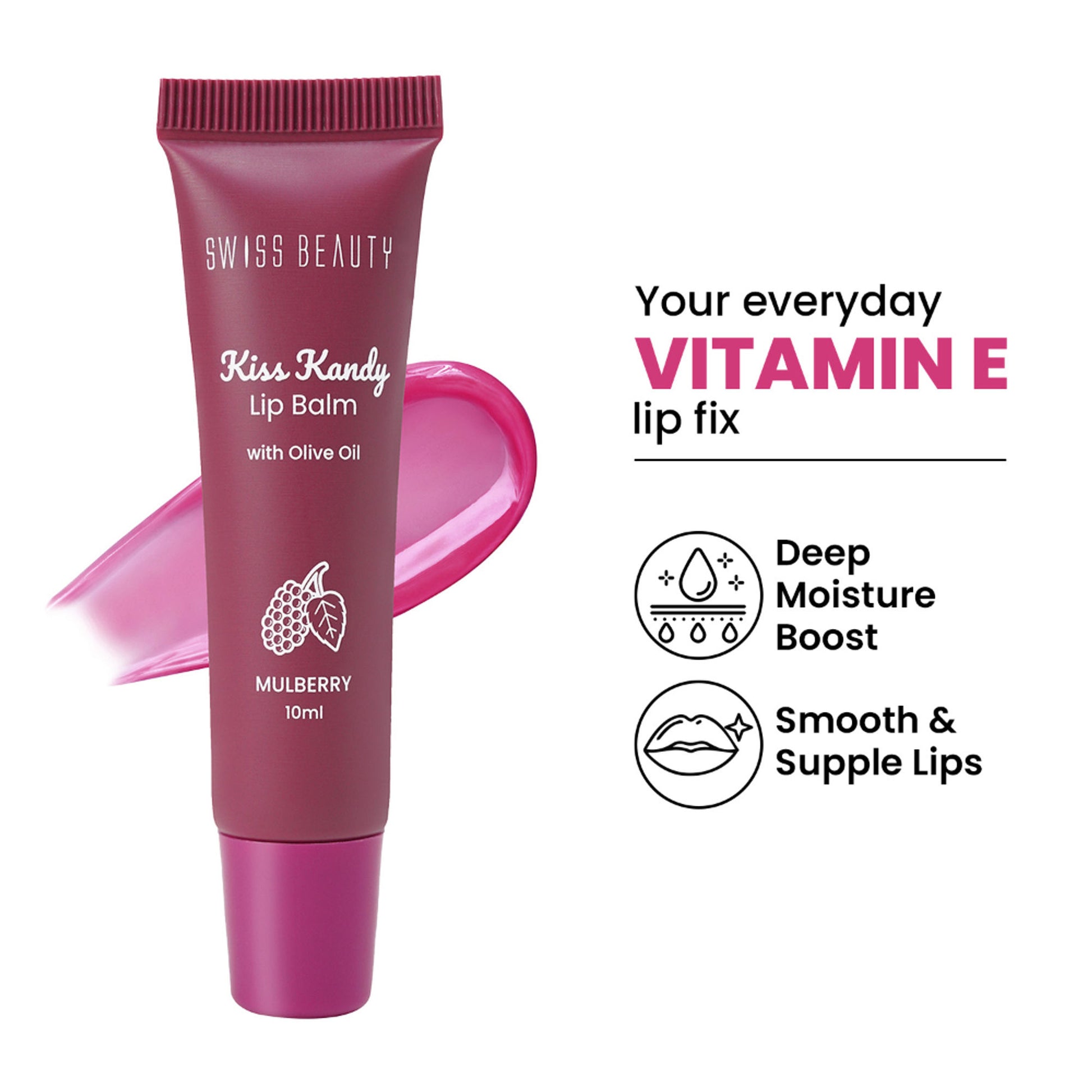Swiss Beauty Kiss Kandy Tinted Lip Balm, Non-Sticky with Olive Oil & Vitamin E - 04 Mulberry