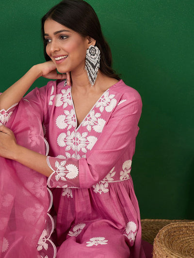 Indyancart SN Women's Floral Embroidered V-Neck A-Line Kurta With Trousers & Dupatta