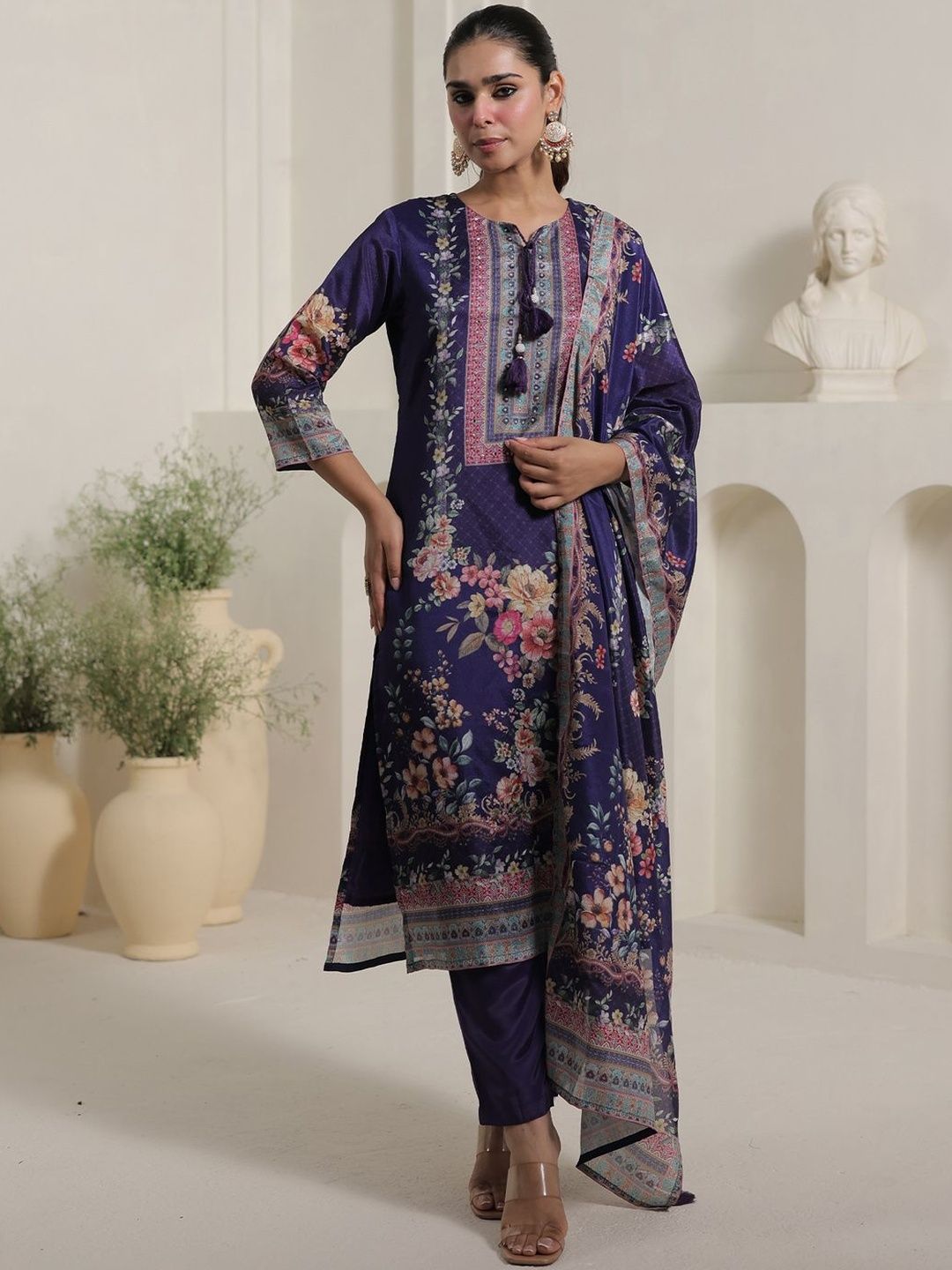 Motif Printed Notch Neck Chinon Mirror Work Straight Kurta & Palazzo With Dupatta