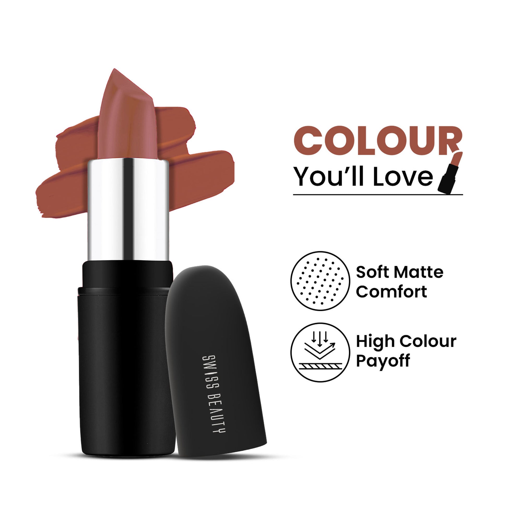 Swiss Beauty Pure Matte Lipstick , Non-Drying, Smooth Glide, Long Lasting - 214 Caramel