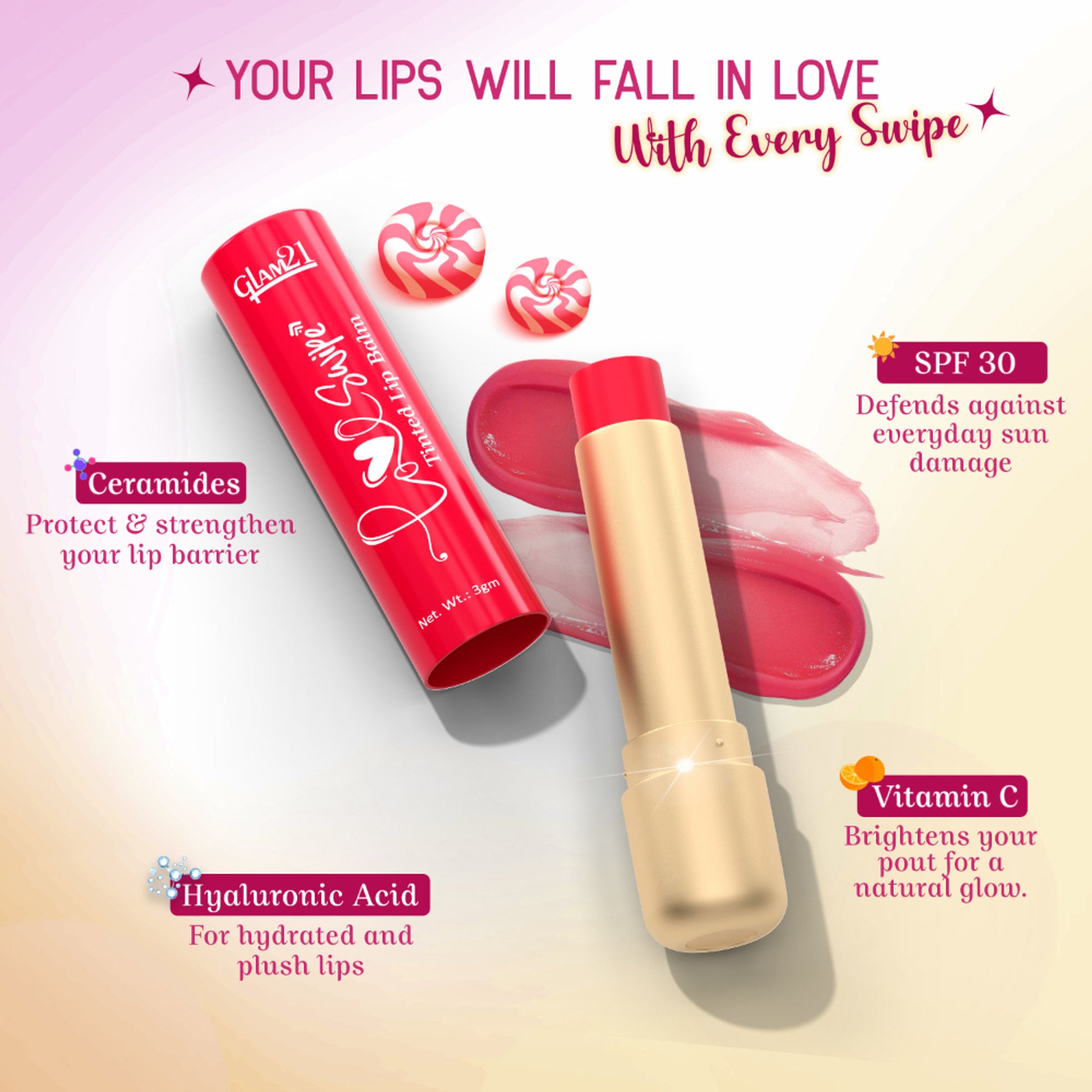 GLAM21 Love Swipe Tinted Lip Balm with Vitamin C, Hyaluronic Acid, Ceramide & SPF 30 - Pink Marshmallow