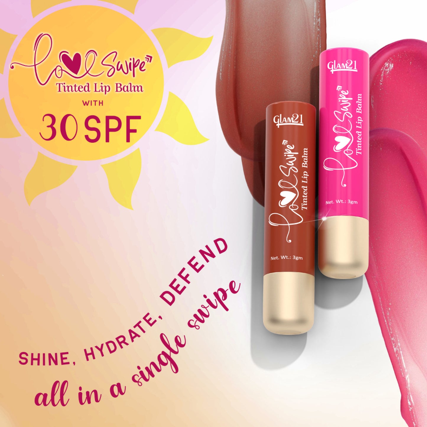 GLAM21 Love Swipe Tinted Lip Balm with Vitamin C, Hyaluronic Acid, Ceramide & SPF 30 - Pink Marshmallow
