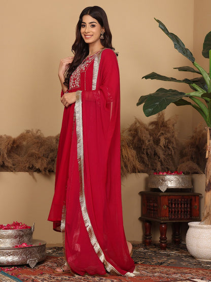 Indyancart VA Women'sMagenta Floral Embroidered Panelled Silk Georgette Kurta With Trouser With Dupatta