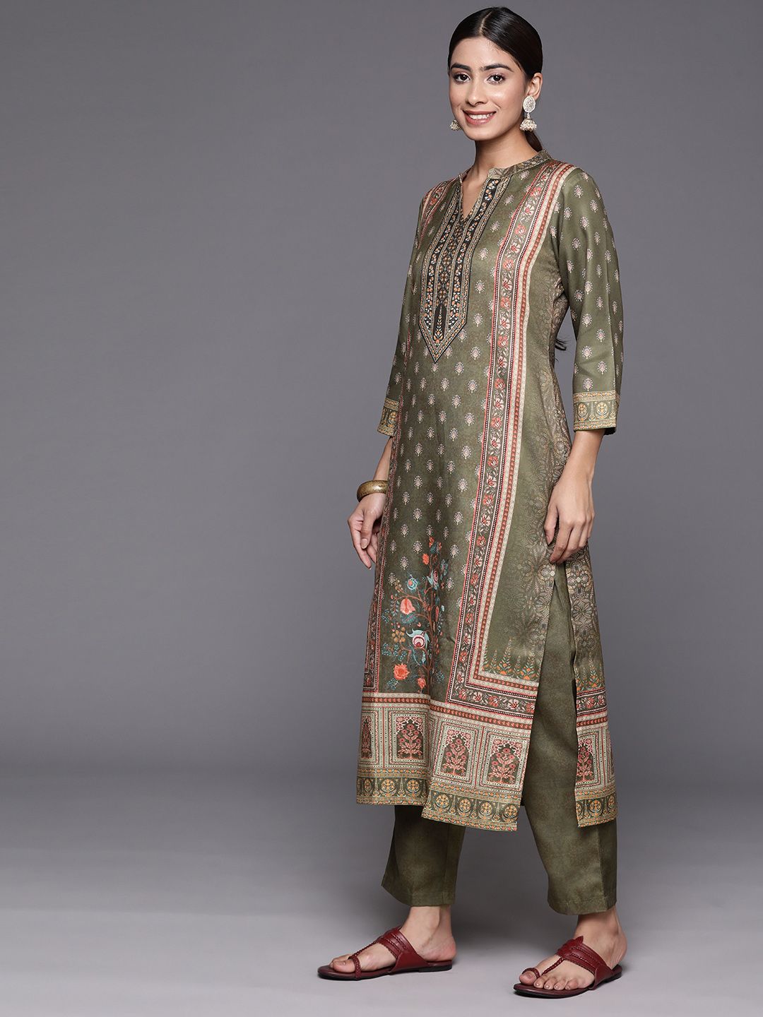 Indyancart VA Women'sEthnic Motif Printed Winter Kurta with Trouser & Dupatta