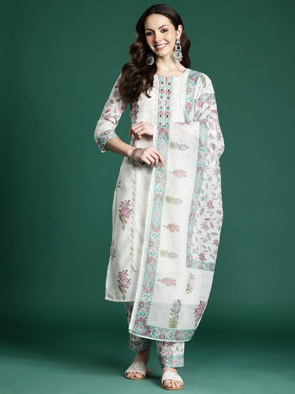 Indyancart IE Floral Printed Panelled Kurta with Trousers & Dupatta