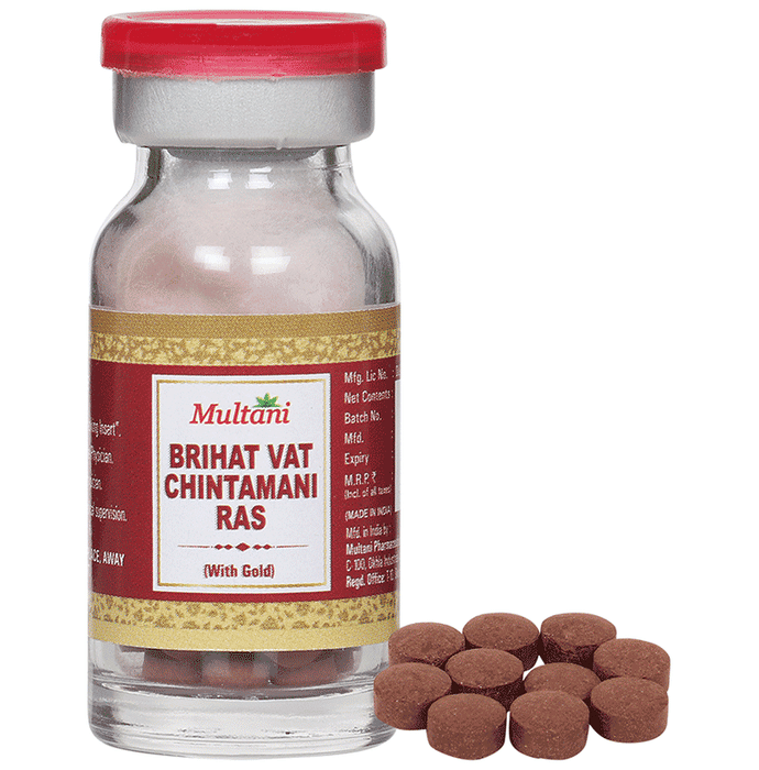 Multani Brihat Vat Chintamani Ras Ayurvedic tablets with gold, traditional herbal medicine, displayed in a clear container.