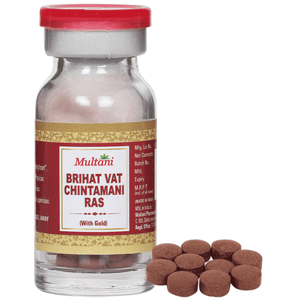 Multani Brihat Vat Chintamani Ras Ayurvedic tablets with gold, traditional herbal medicine, displayed in a clear container.