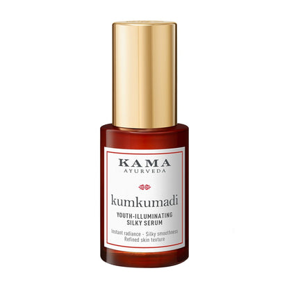 Kama Ayurveda Kumkumadi Youth Illuminating Silky Serum bottle, showcasing its elegant packaging and serum texture for radiant skin.