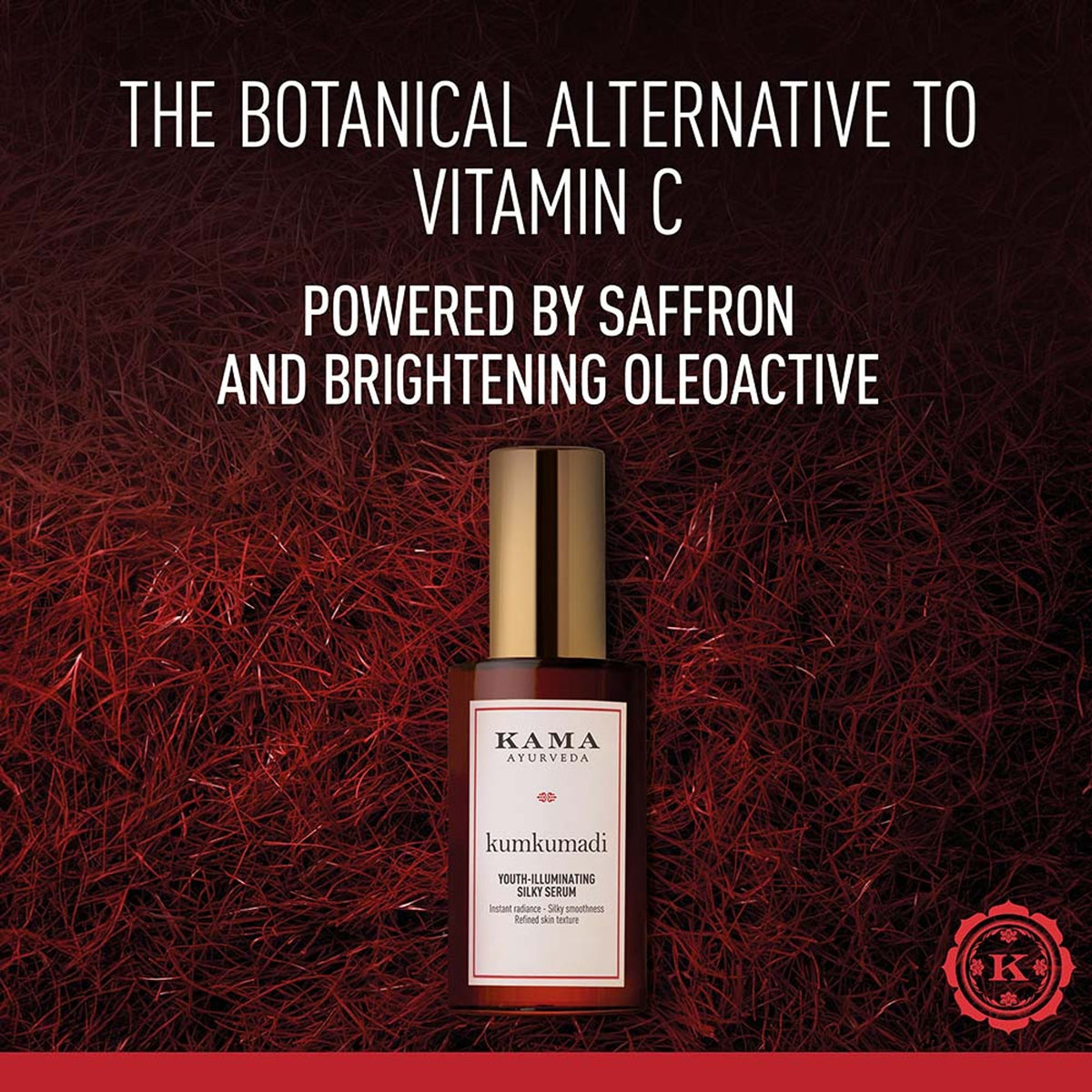 Kama Ayurveda Kumkumadi Youth Silky Serum bottle with dropper, illuminating and enhancing skin radiance and even skin tone.
